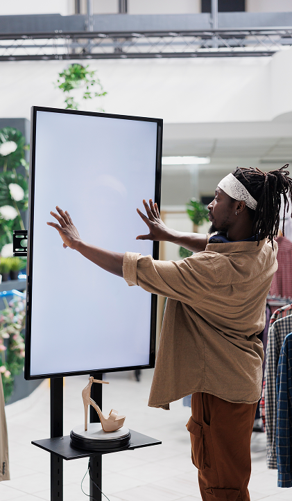 Person interacting with AR mirror kiosk